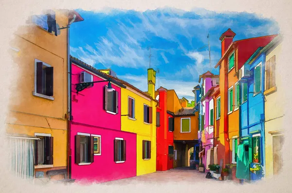 Watercolor Drawing Colorful Houses Burano Island Multicolored Buildings Small Yard — Stock Photo, Image