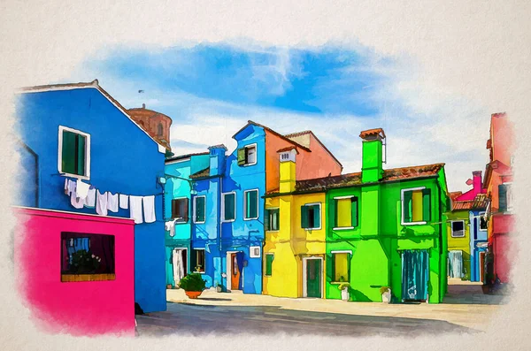 Dibujo Acuarela Casas Coloridas Isla Burano Edificios Multicolores Pequeña Plaza —  Fotos de Stock