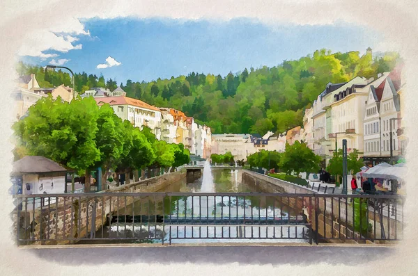 卡洛维 瓦里的水彩画 卡尔斯巴德历史市中心 有特普拉桥 特普拉河堤岸 五彩斑斓的建筑物 山地绿树 西波西米亚 捷克共和国 — 图库照片