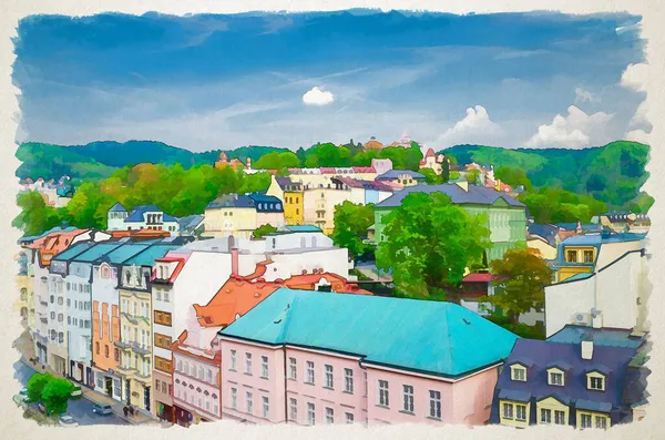 Akvarell Ritning Karlovy Vary Karlsbad Historiska Centrum Antenn Utsikt Med — Stockfoto