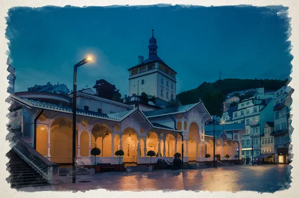 卡洛维 瓦里的水彩画 卡尔斯巴德市中心有灯光和温泉的Trzni Kolonada木制柱廊 西波西米亚 — 图库照片