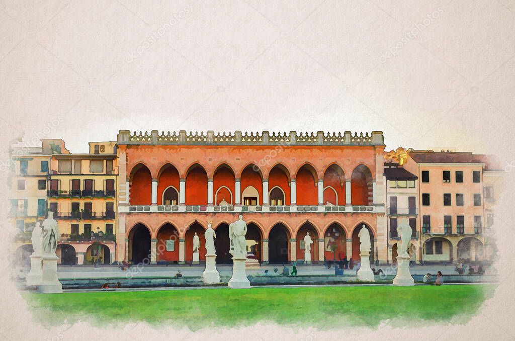 Watercolor drawing of Padua cityscape: Palazzo Loggia Amulea palace neogothic style building and statues near small canal on Piazza Prato della Valle square in historical centre, Padova town, Italy