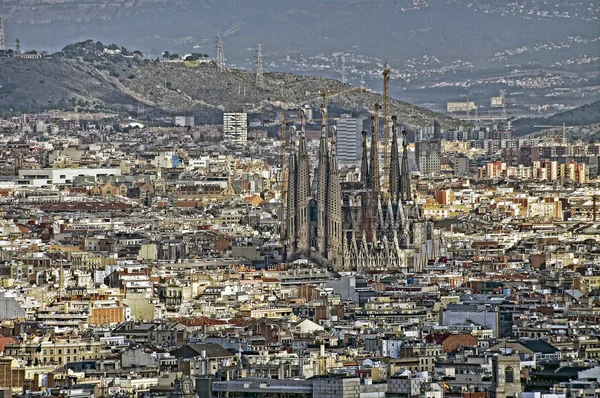 Panoramic view of Barcelona with Sagrada Familia church. Spain. — Stok fotoğraf