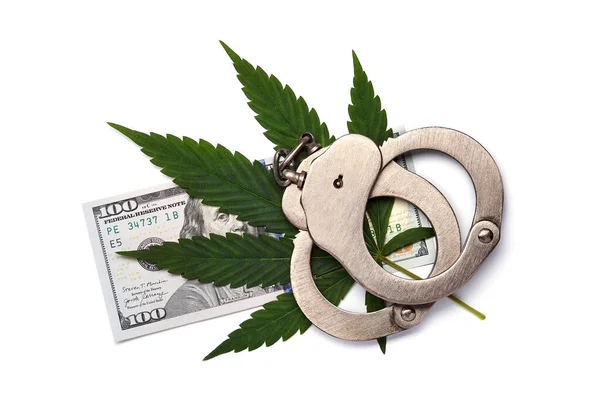 Foglia Cannabis Dollari Manette Sfondo Bianco — Foto Stock
