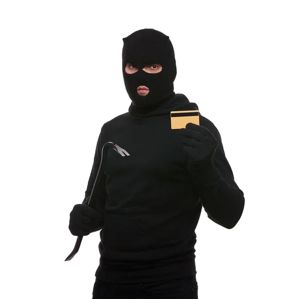 Thief Mask Crowbar Credit Card White Background — Stockfoto