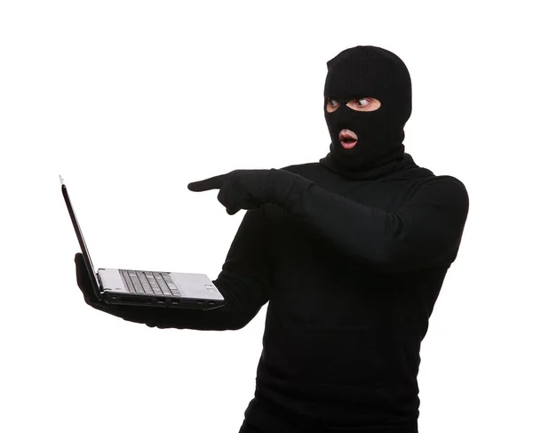 Thief Balaclava Laptop White Background — Fotografia de Stock