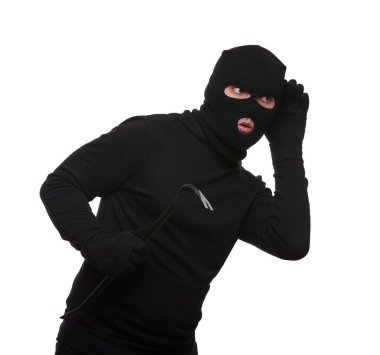 Thief in mask with crowbar on white background