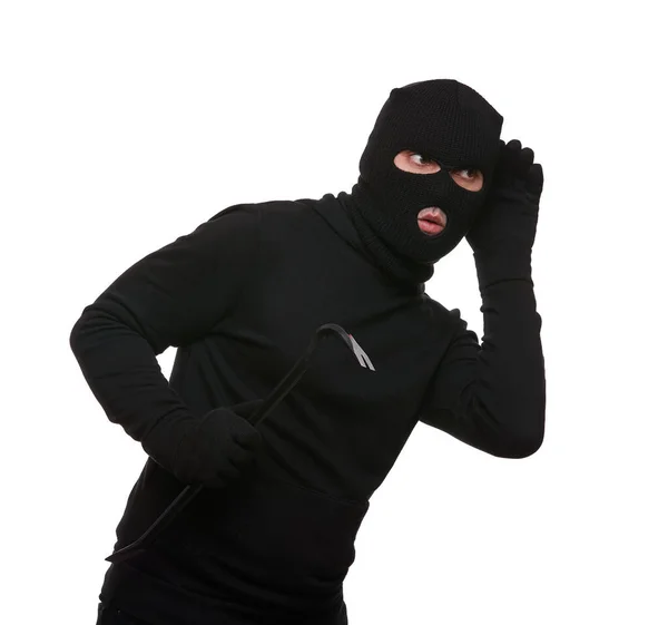 Thief Mask Crowbar White Background — Stok fotoğraf