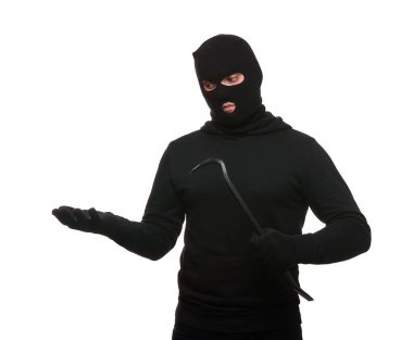 Thief in mask with crowbar on white background