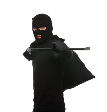 Thief in mask with crowbar and bag on white background