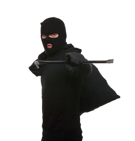 Thief Mask Crowbar Bag White Background — Fotografia de Stock
