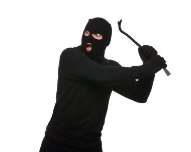 Thief in mask with crowbar on white background