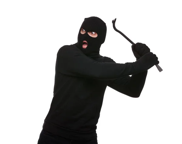 Thief Mask Crowbar White Background — Fotografia de Stock