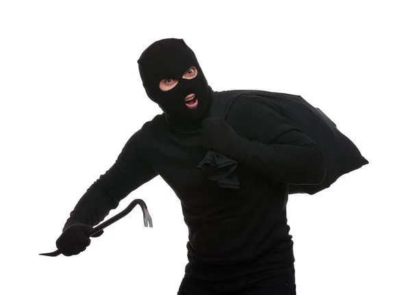 Thief Mask Crowbar Bag White Background —  Fotos de Stock