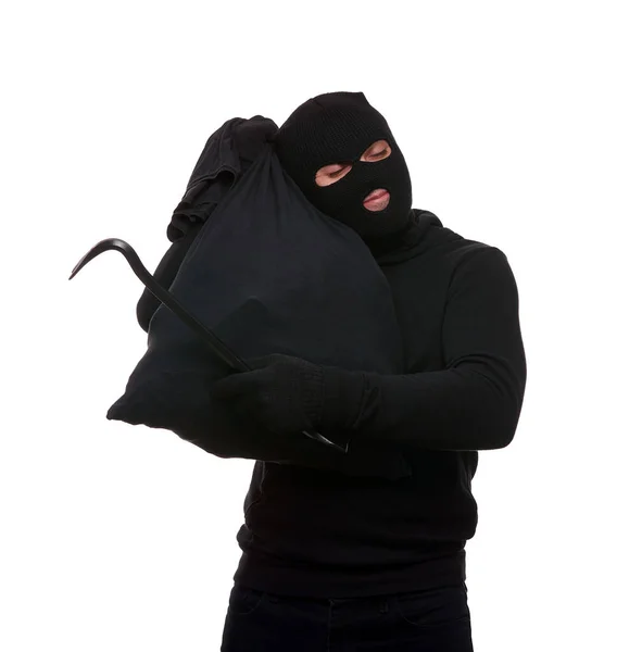 Thief Mask Crowbar Bag White Background — Stockfoto