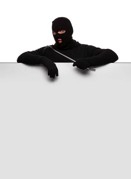 Thief Mask Crowbar White Background Free Space — Fotografia de Stock