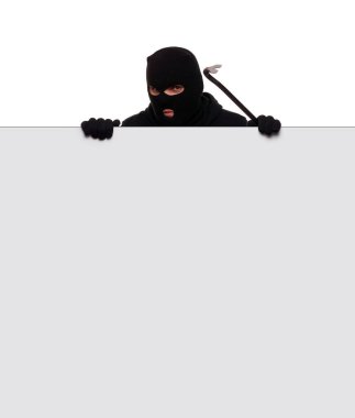 Thief in mask with crowbar on white background, free space.