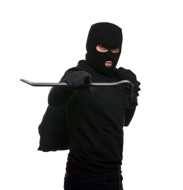 Thief in mask with crowbar and bag on white background