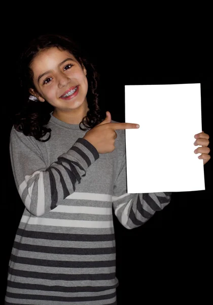 Child pointing at a white big card — Stock Photo, Image