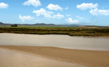 İspanya 'nın güneyindeki Conil de la Frontera sahillerinde bulutlu bir günde kumsal