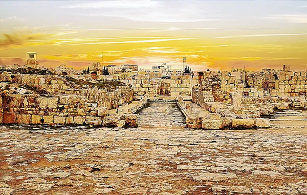 Romeinse Archeologische Overblijfselen Amman Hoofdstad Van Jordanië Bij Zonsondergang — Stockfoto