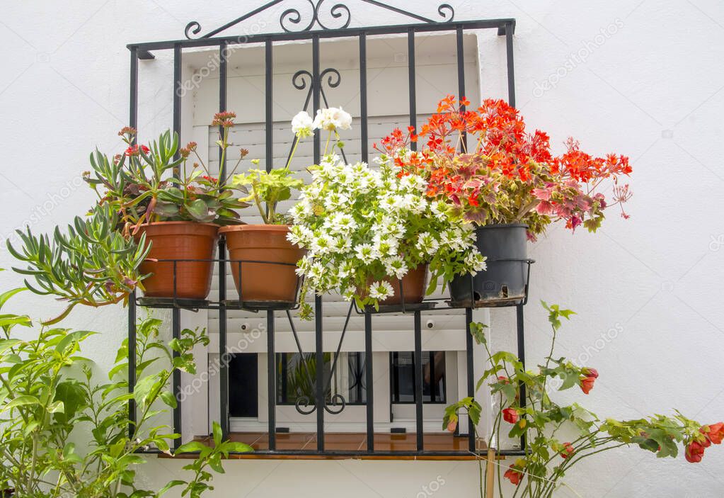Street of Conil de La Frontera in Cadiz in the south of Spain with flower pots.