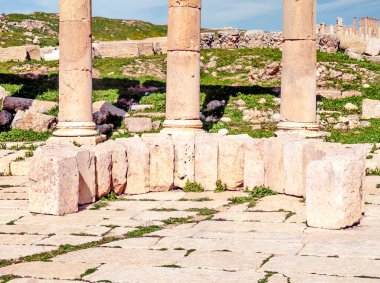 Güneşli bir günde Jerash Ürdün'de Roma arkeoloji kalır.