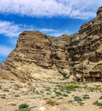 Ürdün 'ün eski Petra kentinin kalıntıları güneşli bir günde. Petra taştan yapılmış önemli bir arkeolojik bölge..