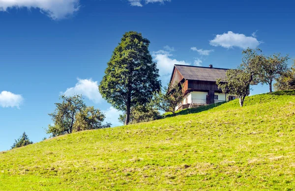 Güneşli bir günde Fransız Alpleri'nde bir tepe üzerinde bulunan yazlık.
