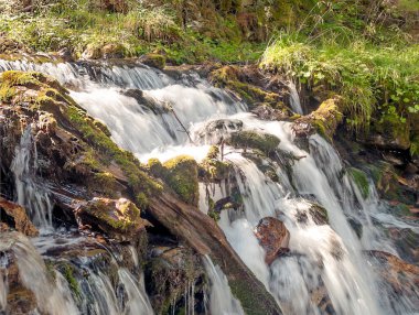Güneşli bir günde Saint Luc Vadisi'nde İsviçre Alpleri dağlarında Nehri.