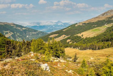 Güneşli bir günde Saint Luc Vadisi'nde İsviçre Alpleri dağlarında.