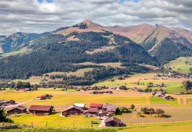 Ahşap kulübe ve güneşli bir çayır ile İsviçre Alpleri dağlarında.