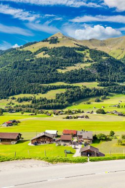Ahşap kulübe ve güneşli bir çayır ile İsviçre Alpleri dağlarında.