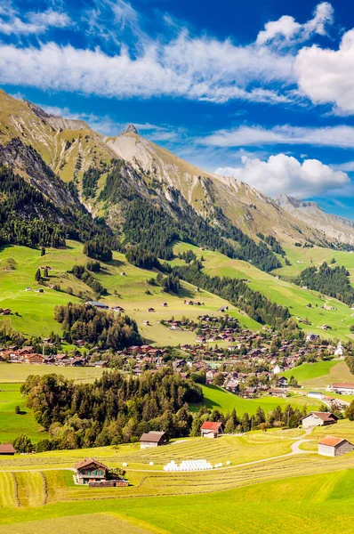 오두막와 메도우 화창한 스위스 알프스 — 스톡 사진