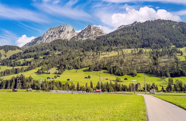 Góry Alp Szwajcarskich Drewnianymi Chałupami Łąkami Pochmurny Dzień — Zdjęcie stockowe