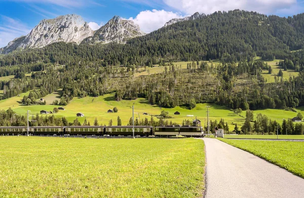 Βουνά Των Ελβετικών Άλπεων Ξύλινες Καλύβες Και Λιβάδια Μια Συννεφιασμένη — Φωτογραφία Αρχείου