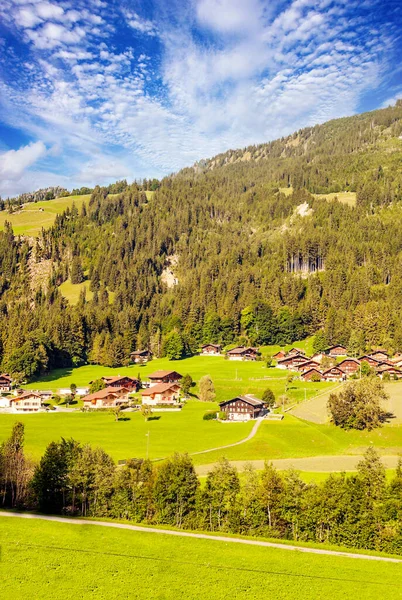 Hory Švýcarských Alp Dřevěnými Chatrčemi Loukami Oblačného Dne — Stock fotografie