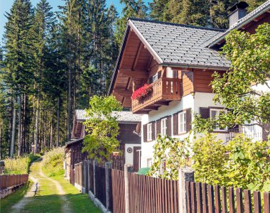 Bulutlu bir günde, Avusturya Alplerinde tahta evleri olan Gosau köyü..