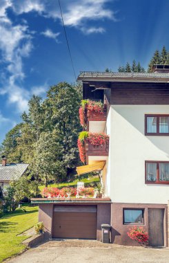 Bulutlu bir günde, Avusturya Alplerinde tahta evleri olan Gosau köyü..