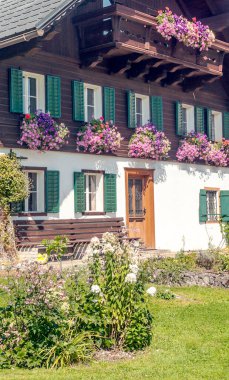 Bulutlu bir günde, Avusturya Alplerinde tahta evleri olan Gosau köyü..