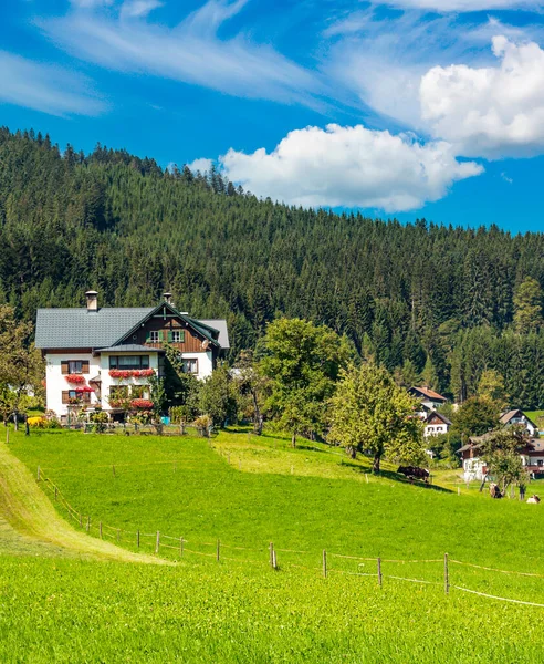 Bulutlu Bir Günde Avusturya Alplerinde Tahta Evleri Olan Gosau Köyü — Stok fotoğraf