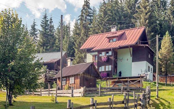 Vila Gosau Com Suas Casas Madeira Nos Alpes Áustria Dia — Fotografia de Stock