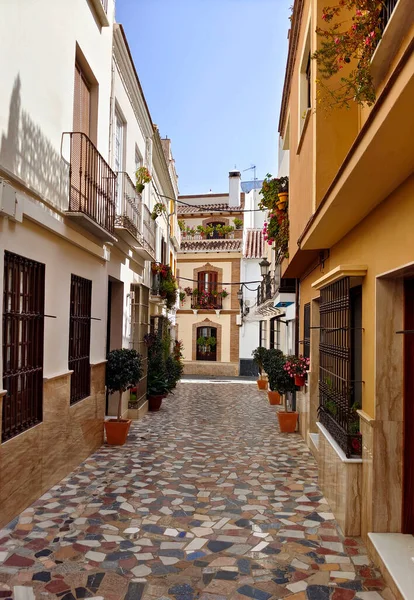 Strada Con Vasi Fiori Provincia Malaga Una Giornata Sole — Foto Stock