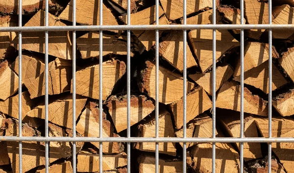 Güneş Işığında Metal Bir Çitin Arkasında Kesilmiş Bir Odun Yığını Stok Resim