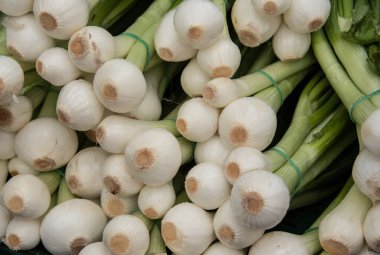 Küçük beyaz ampulleri olan bir market tezgahında bir yığın soğan.