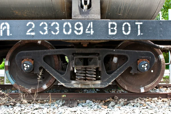 Vieilles roues de train sur rails. gros plan — Photo