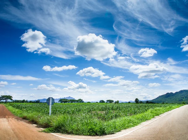 Obszarów wiejskich skrzyżowanie zielona trawa i niebieski niebo — Zdjęcie stockowe
