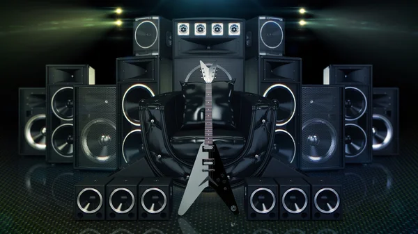 hoparlörler ve elektro gitar çevrili deri kanepe