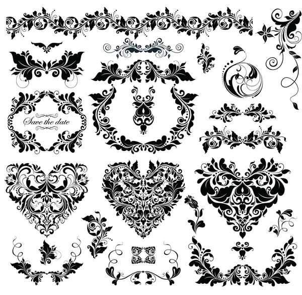 Floral design with heart shapes (black and white) — Stock Vector