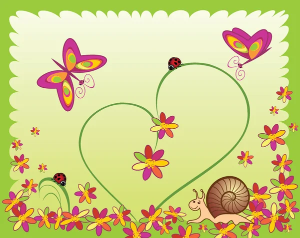Carte avec coccinelles, escargot, fleur et papillon — Image vectorielle